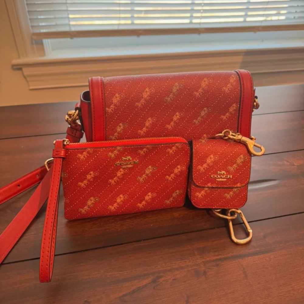 Coach Red Crossbody Bag with Matching Pouches